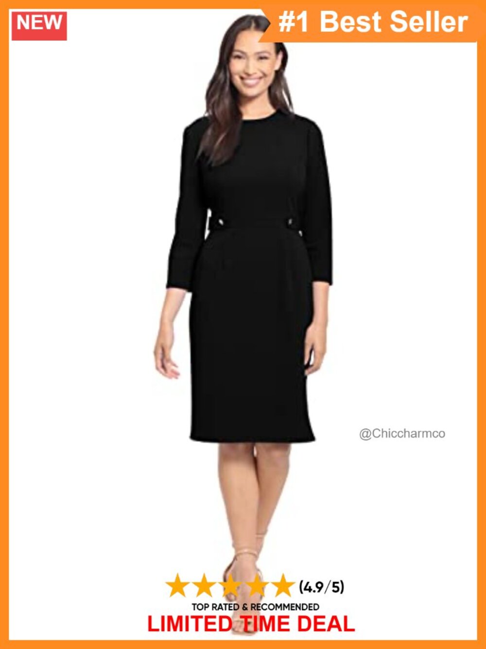 Sheath Dress 3/4 Sleeve Button Waist Office Business Work
